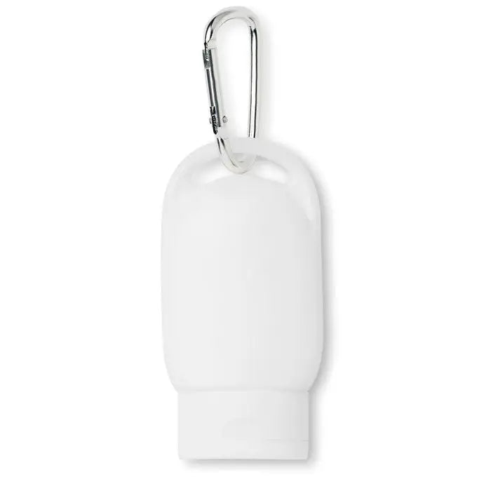 Sticla alba din plastic de 30 ml pentru lotiune de protectie solara cu carabiniera argintie atasabila