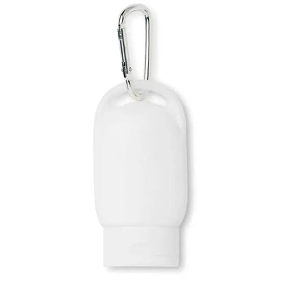 Sticla alba din plastic de 30 ml pentru lotiune de protectie solara cu carabiniera argintie atasabila