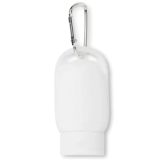 Sticla alba din plastic de 30 ml pentru lotiune de protectie solara cu carabiniera argintie atasabila