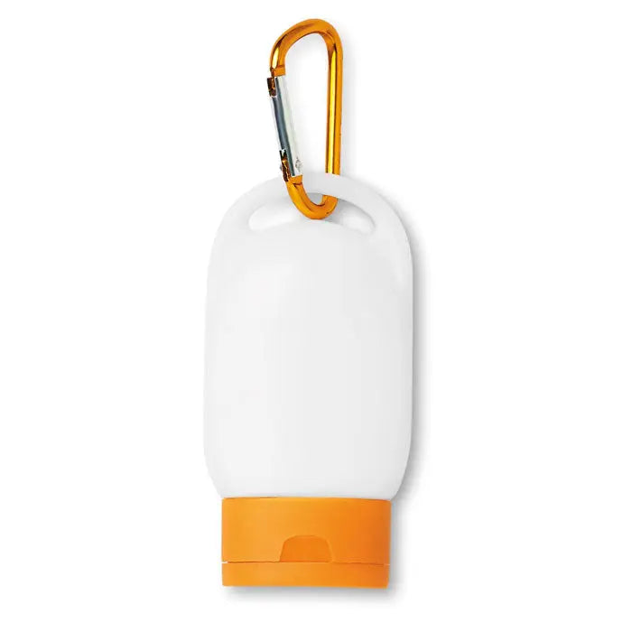 Sticlă de lotiune de protectie solara de 30 ml alb si portocaliu din plastic cu carabinieră pentru călătorii