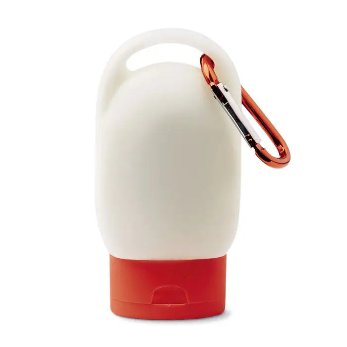 30 ml lotiune de protectie solara in recipient alb si portocaliu din silicon cu clips carabinier pentru calatorii