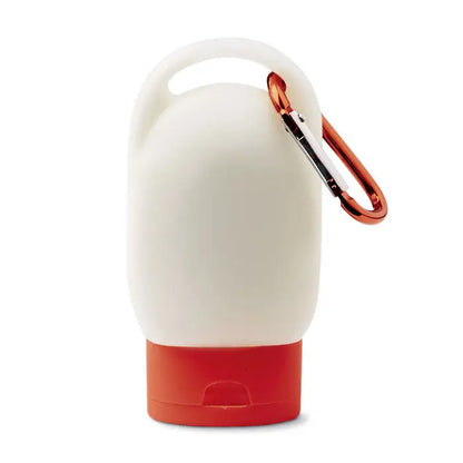 30 ml lotiune de protectie solara in recipient alb si portocaliu din silicon cu clips carabinier pentru calatorii