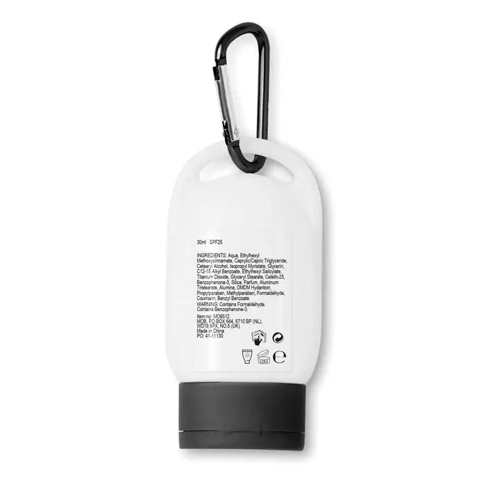 Flacon alb din plastic pentru lotiune de protectie solara 30 ml cu capac negru si carabiniera