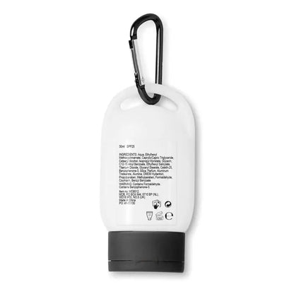 Flacon alb din plastic pentru lotiune de protectie solara 30 ml cu capac negru si carabiniera