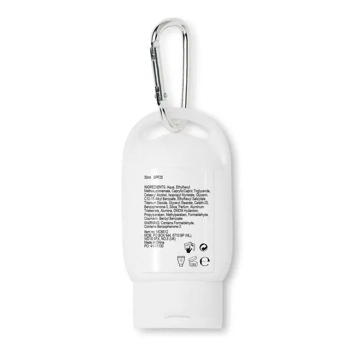 Flacon alb de plastic de 30 ml pentru lotiune de protectie solara cu clips argintiu carabiniera