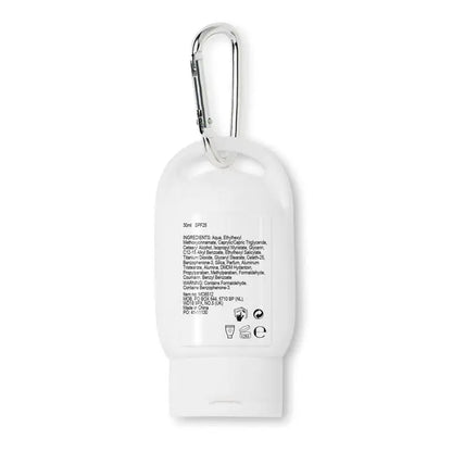 Flacon alb de plastic de 30 ml pentru lotiune de protectie solara cu clips argintiu carabiniera