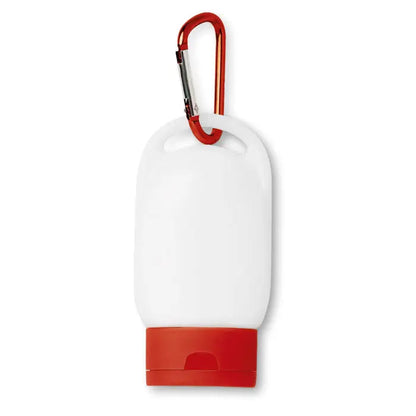 Sticlă albă și roșie din plastic cu dezinfectant de mâini de 30 ml și clemă carabinieră pentru protecție solară