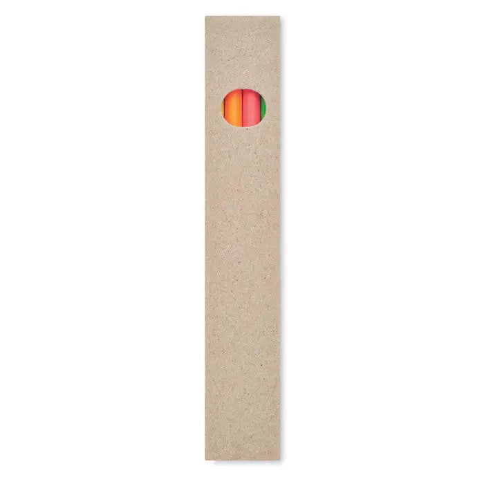 Pachet dreptunghiular din carton cu fereastra circulara care arata patru creioane iluminatoare colorate in cutie