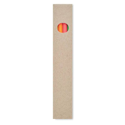 Pachet dreptunghiular din carton cu fereastra circulara care arata patru creioane iluminatoare colorate in cutie