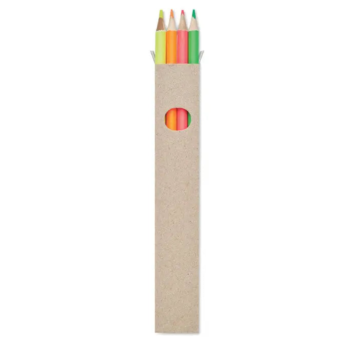Un set de patru creioane iluminatoare neon într-o cutie de carton bej cu fereastră circulară