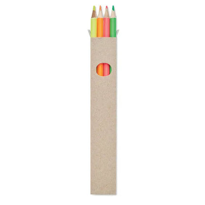 Un set de patru creioane iluminatoare neon într-o cutie de carton bej cu fereastră circulară