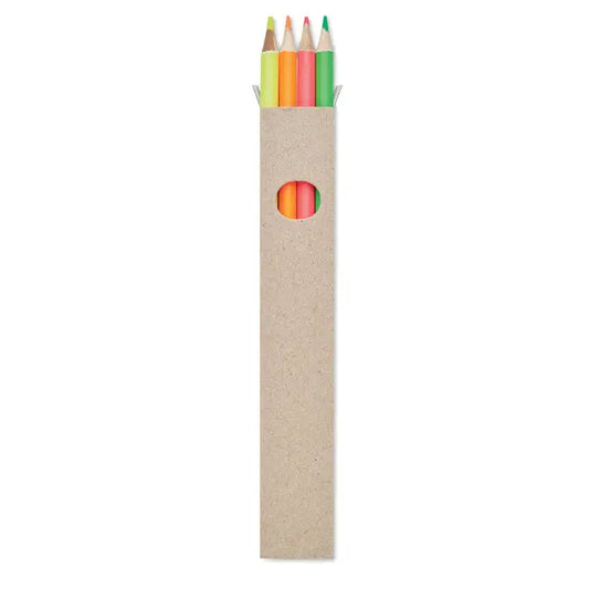 Un set de patru creioane iluminatoare neon într-o cutie de carton bej cu fereastră circulară