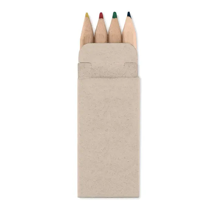 Set de patru creioane colorate mini din lemn in galben rosu verde si albastru in husa biodegradabila texturata beige