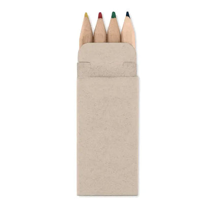 Set de patru creioane colorate mini din lemn in galben rosu verde si albastru in husa biodegradabila texturata beige