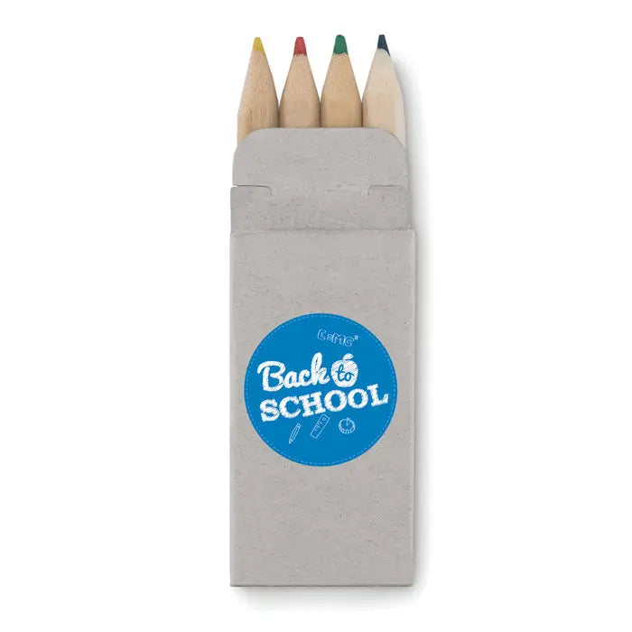 Set de 4 mini creioane colorate din lemn cu varfuri galben rosu verde si albastru in husa din hartie reciclata gri back to school