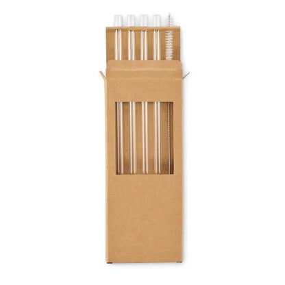 Set de 4 paie de sticla reutilizabile transparente cu o perie metalica pentru curatare într-o cutie de carton maro simplă