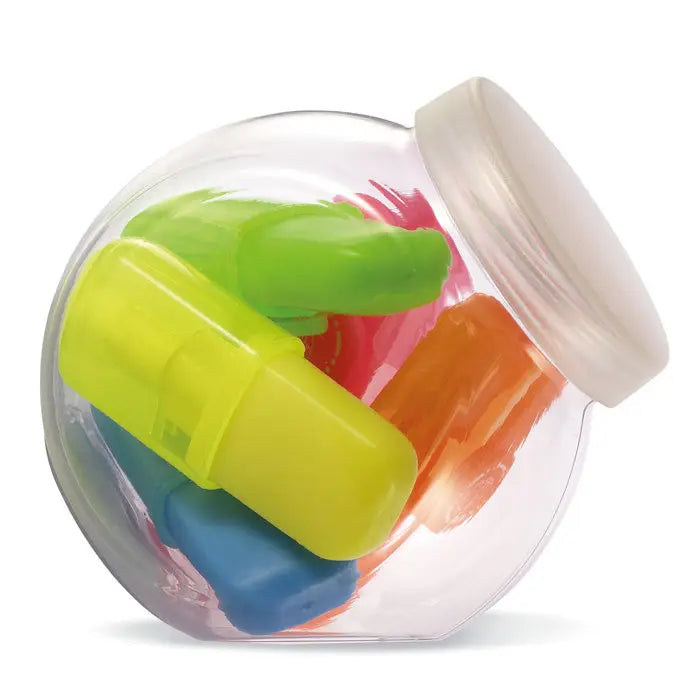 Un borcan transparent cu capac alb plin cu 5 iluminatoare colorate verde galben roz portocaliu si albastru