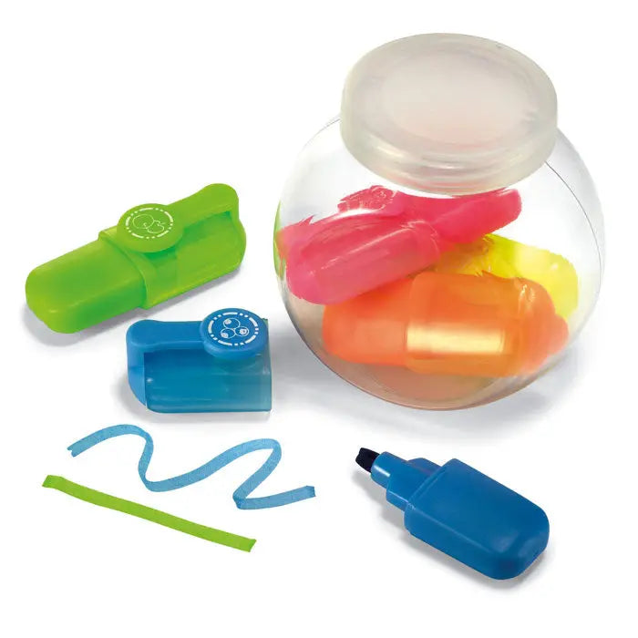 Un borcan transparent cu capac translucid, plin cu 5 iluminatoare colorate roz, galben si portocaliu