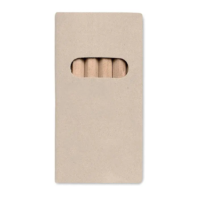 Beige cutie din carton cu cinci creioane colorate din lemn vizibile prin decupaj oval orizontal