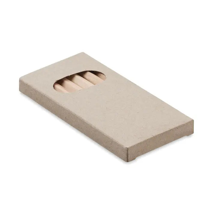 Cutie de carton bej cu fereastra ovala transparenta si 6 creioane colorate deschise la culoare inauntru