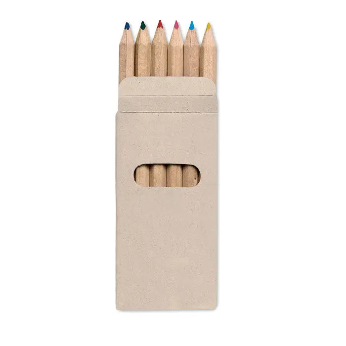 Un set de 6 creioane colorate din lemn ascuțite în culori vibrante, ambalate într-o cutie de carton bej
