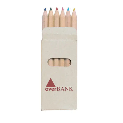 Un set de 6 creioane colorate din lemn cu varfuri ascutite in cutie bej cu logo overbank