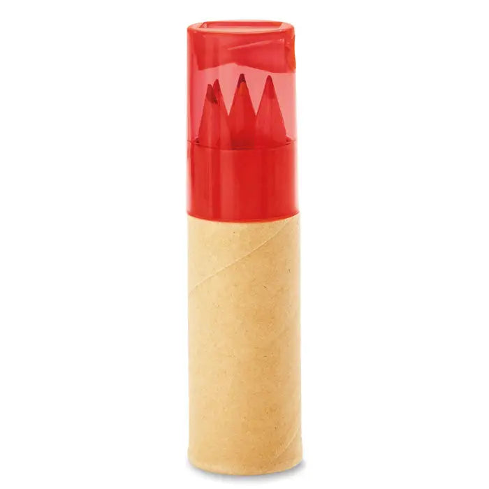 Cutie de creioane cu capac rosu din plastic si corp din carton, cu 6 creioane colorate ascutite inauntru