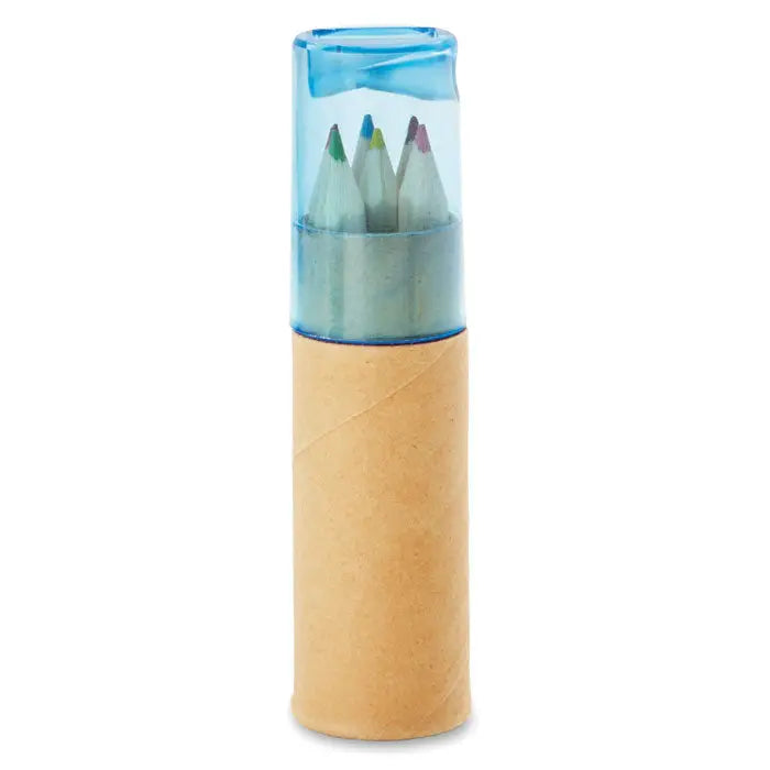 Transparent blue plastic pencil case with three colored pencils inside wrapped in brown paper sleeve for 6 creioane colorate