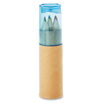 Transparent blue plastic pencil case with three colored pencils inside wrapped in brown paper sleeve for 6 creioane colorate
