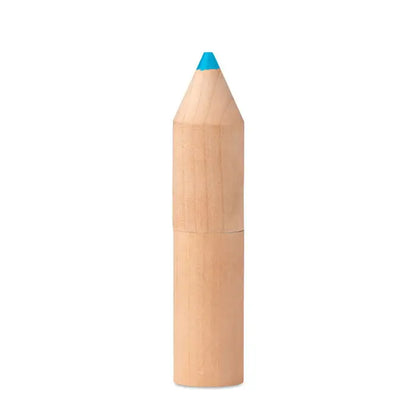 Usb stick în formă de creion din lemn deschis cu vârf albastru în cutie de lemn cu 6 creioane