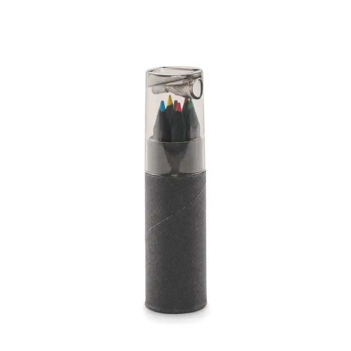 Un penar cilindric negru elegant cu capac transparent care dezvăluie 6 creioane negre colorate în interior