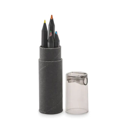Set de 6 creioane negre de colorat cu varfuri colorate intr-o cutie cilindrica mata gri si ascutitoare transparenta