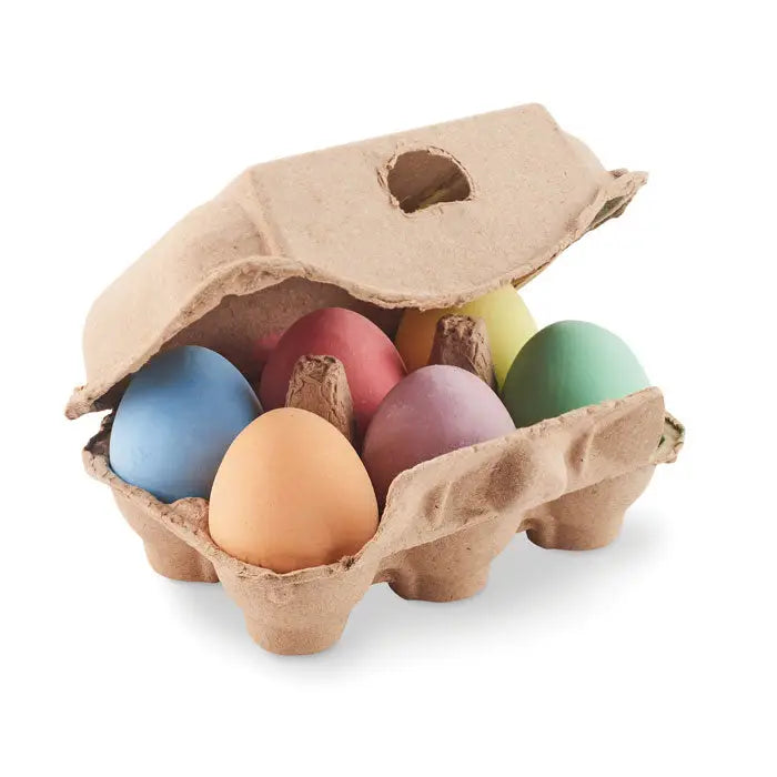 Un carton de carton cu 6 oua de creta pastelate in albastru, roz, verde, galben si portocaliu cu suprafata neteda