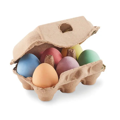 Un carton de carton cu 6 oua de creta pastelate in albastru, roz, verde, galben si portocaliu cu suprafata neteda