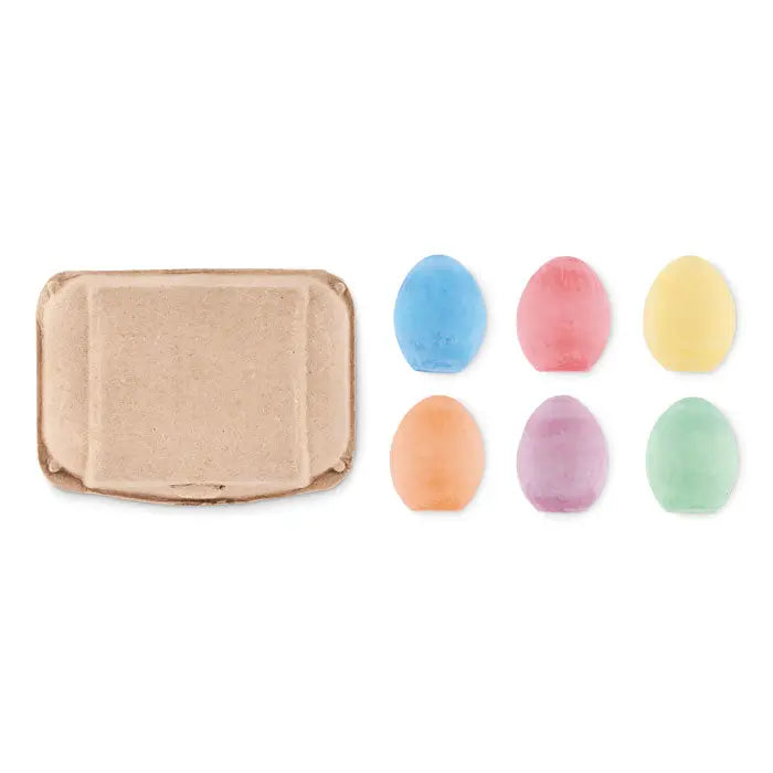Set de sase oua de creta pastelate translucide din plastic in cutie de carton maro
