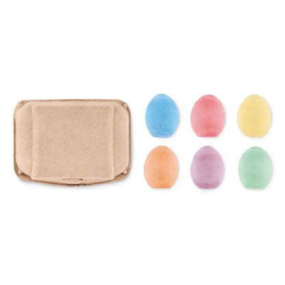 Set de sase oua de creta pastelate translucide din plastic in cutie de carton maro