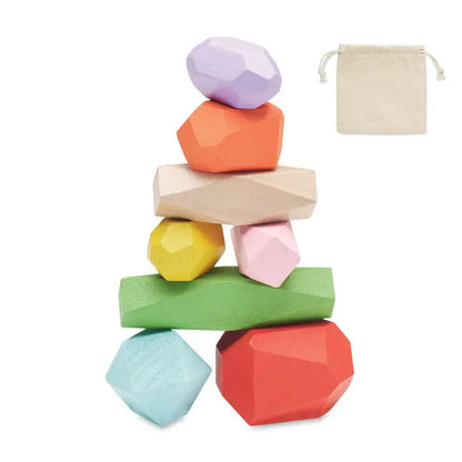 O stivă de opt pietre de lemn colorate geometric în nuanțe pastel și vibrante în punga de depozitare