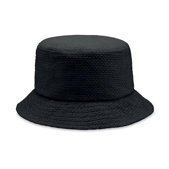 Palarie de galeata neagra tesuta manual din paie cu model impletit texturat si boruri late