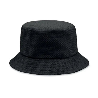 Palarie de galeata neagra tesuta manual din paie cu model impletit texturat si boruri late