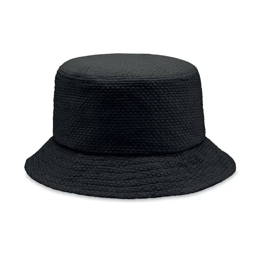 Palarie de galeata neagra tesuta manual din paie cu model impletit texturat si boruri late