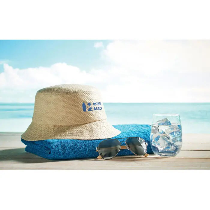 Palarie de galeata din paie bej cu logo bleumarin brodat boni beach pentru plaja