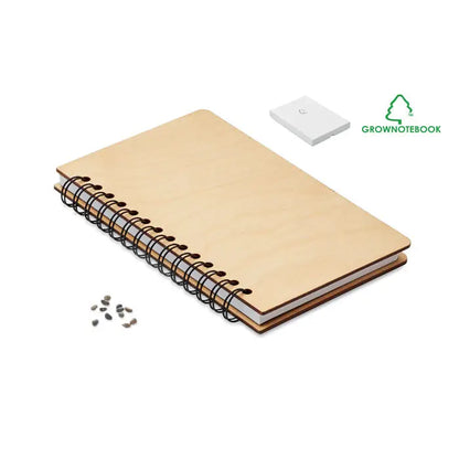Notebook spiralat a5 mesteacan growbook™ din lemn deschis la culoare cu copertă minimalistă și spirală metalică neagră