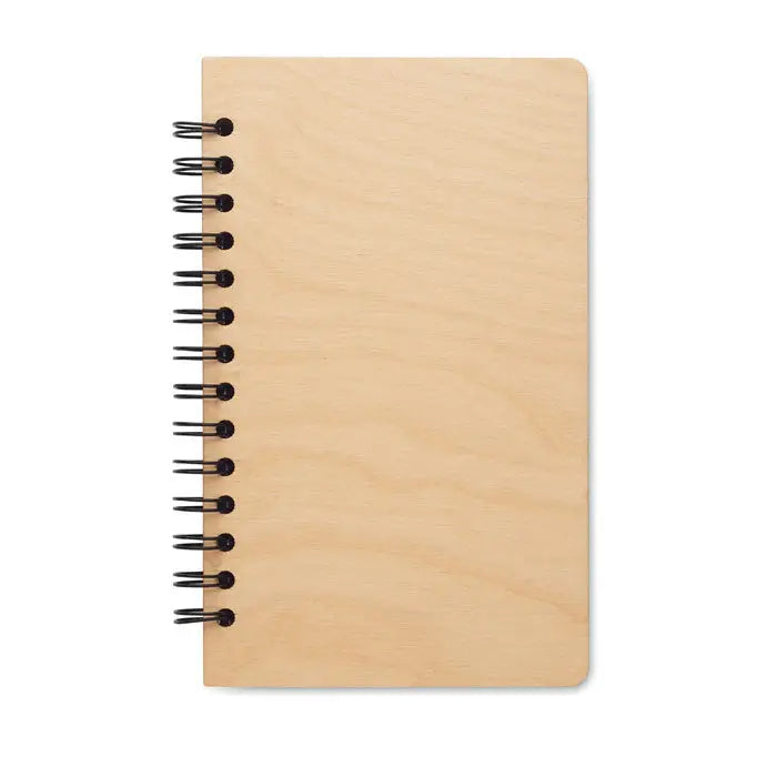 Notebook spiralat minimalist a5 mesteacan growbook cu copertă din lemn deschis la culoare și legătură metalică neagră