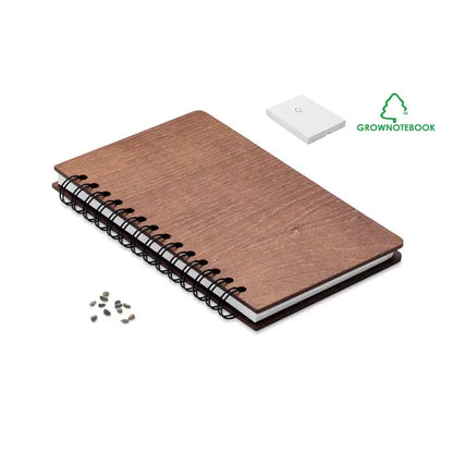Notebook a5 mesteacan growbook™ spiralat cu copertă maro texturată lemnoasă și pagini albe