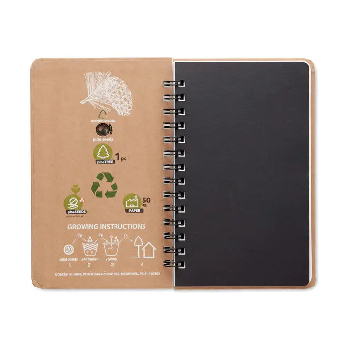 Notebook a5 pin grownotebook™ din hârtie kraft maro cu spirala neagră și pagină interioară stil tablă de scris
