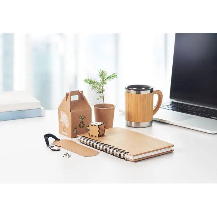 Bamboo travel mug with stainless steel lid and base shown with a5 pin grownotebook product
