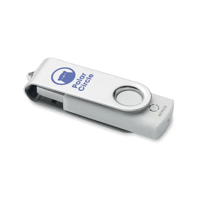 Usb flash drive swivel din plastic reciclat argintiu si alb de 16 gb cu logo albastru polar circle model mo2080-06