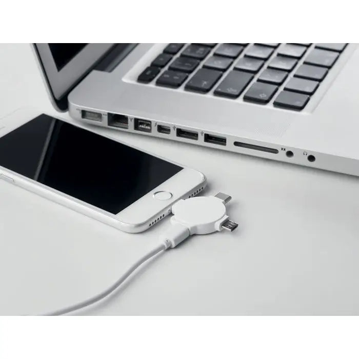 Adaptor de cablu 3 in 1 cablu alb multi-port cu carcasă circulară pentru încărcare rapidă și conectivitate multiplă