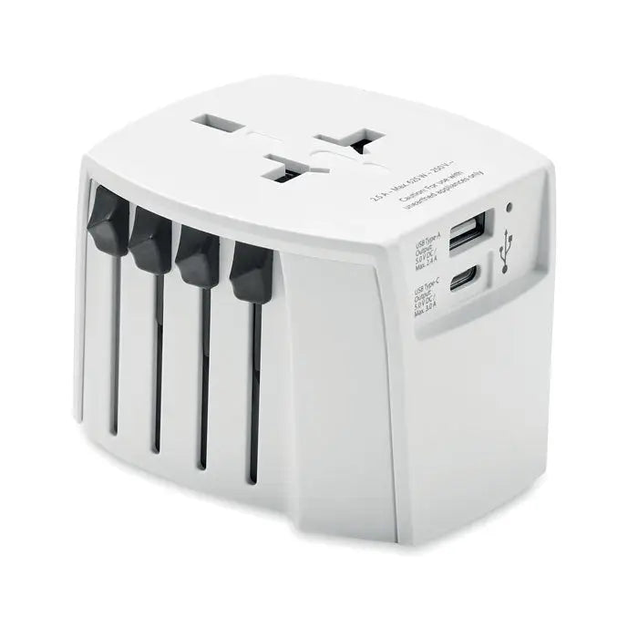 Adaptor skross muv usb a c alb cu porturi usb negre și sloturi de priză pentru mai multe țări
