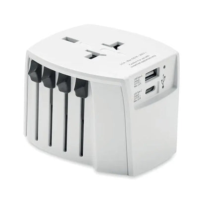 Adaptor skross muv usb a c alb cu porturi usb negre și sloturi de priză pentru mai multe țări